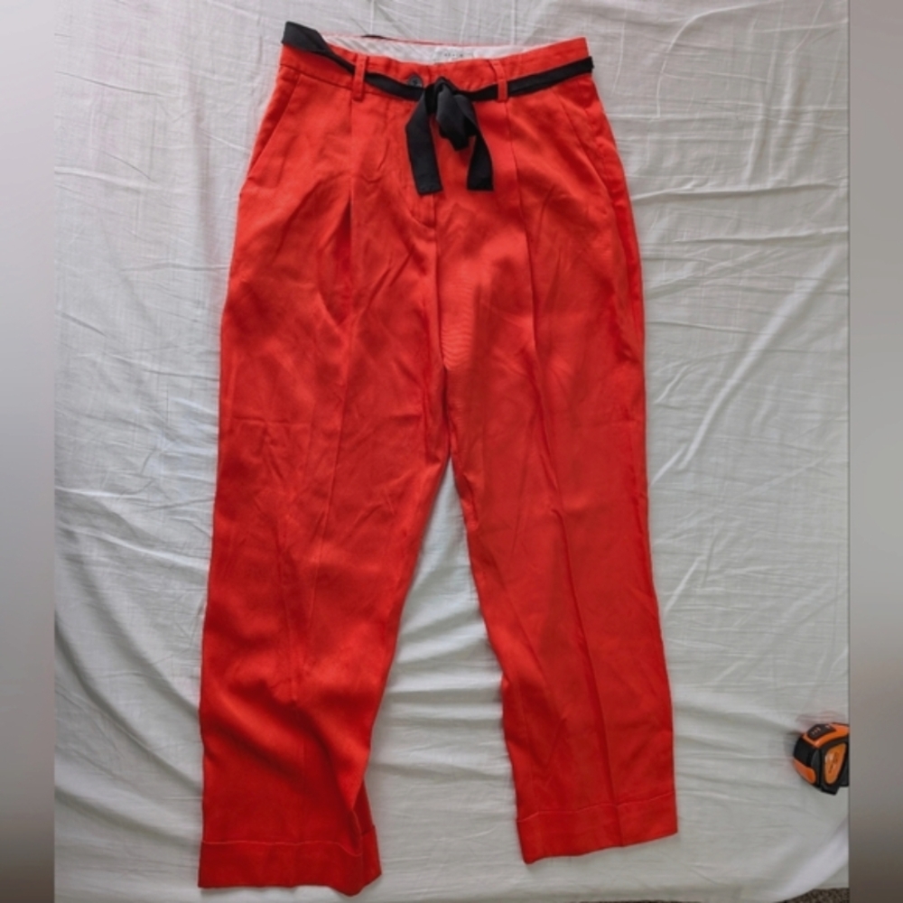 FRNCH Paris Women's Pleated Dress Pants, Ribbon Belt, Orange Red,Size M